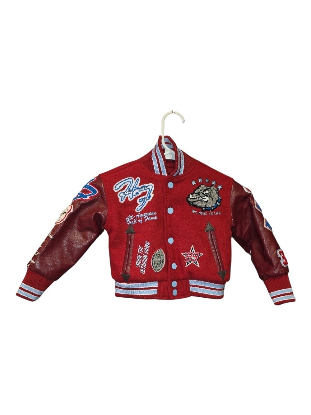 Jordan Craig Kids Red Varsity Letterman Jacket with Embroidered Patches